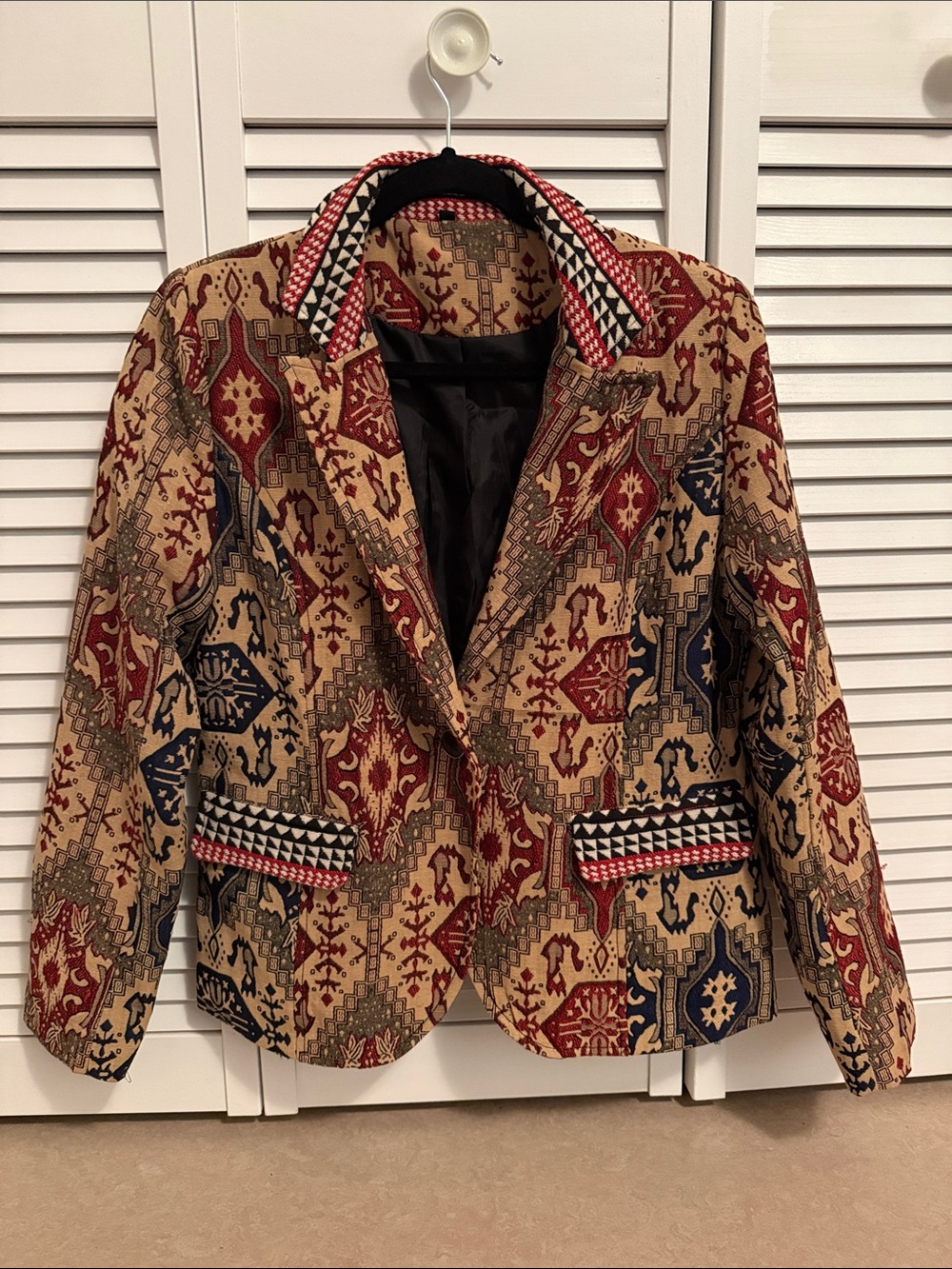 Patterned Women's Blazer Jacket in Tan, Red & Navy